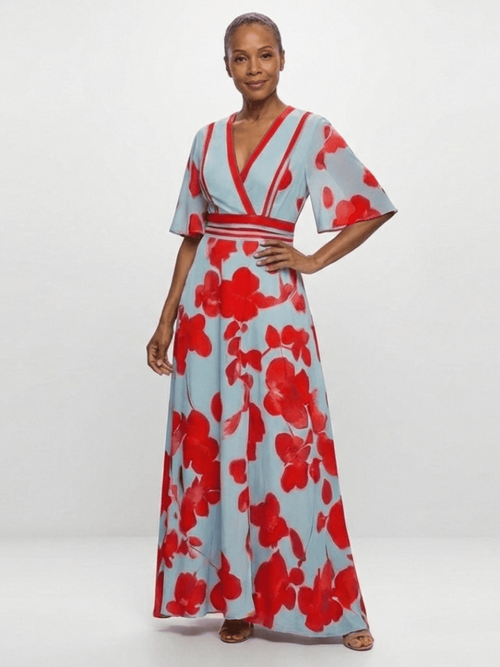 Corinne | V Neck Short Sleeve Floral Maxi Dress - Harry & Olivia Birmingham