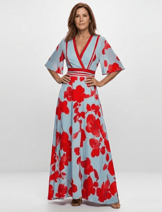 Corinne | V Neck Short Sleeve Floral Maxi Dress - Harry & Olivia Birmingham