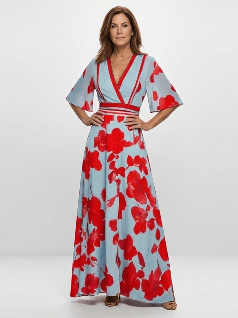 Corinne | V Neck Short Sleeve Floral Maxi Dress - Harry & Olivia Birmingham