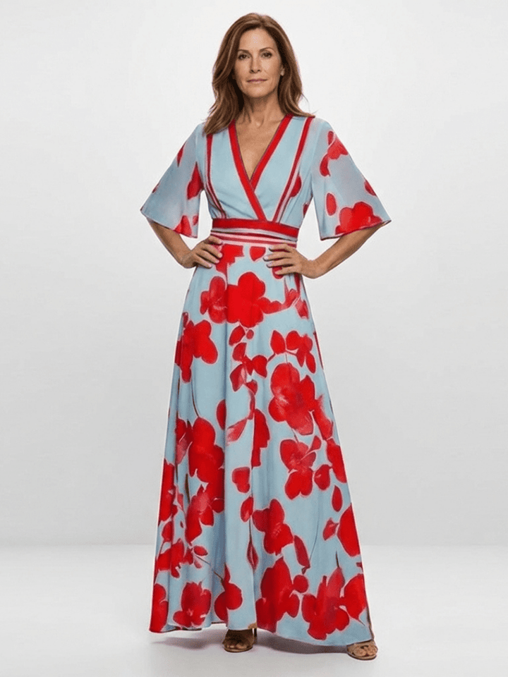 Corinne | V Neck Short Sleeve Floral Maxi Dress - Harry & Olivia Birmingham