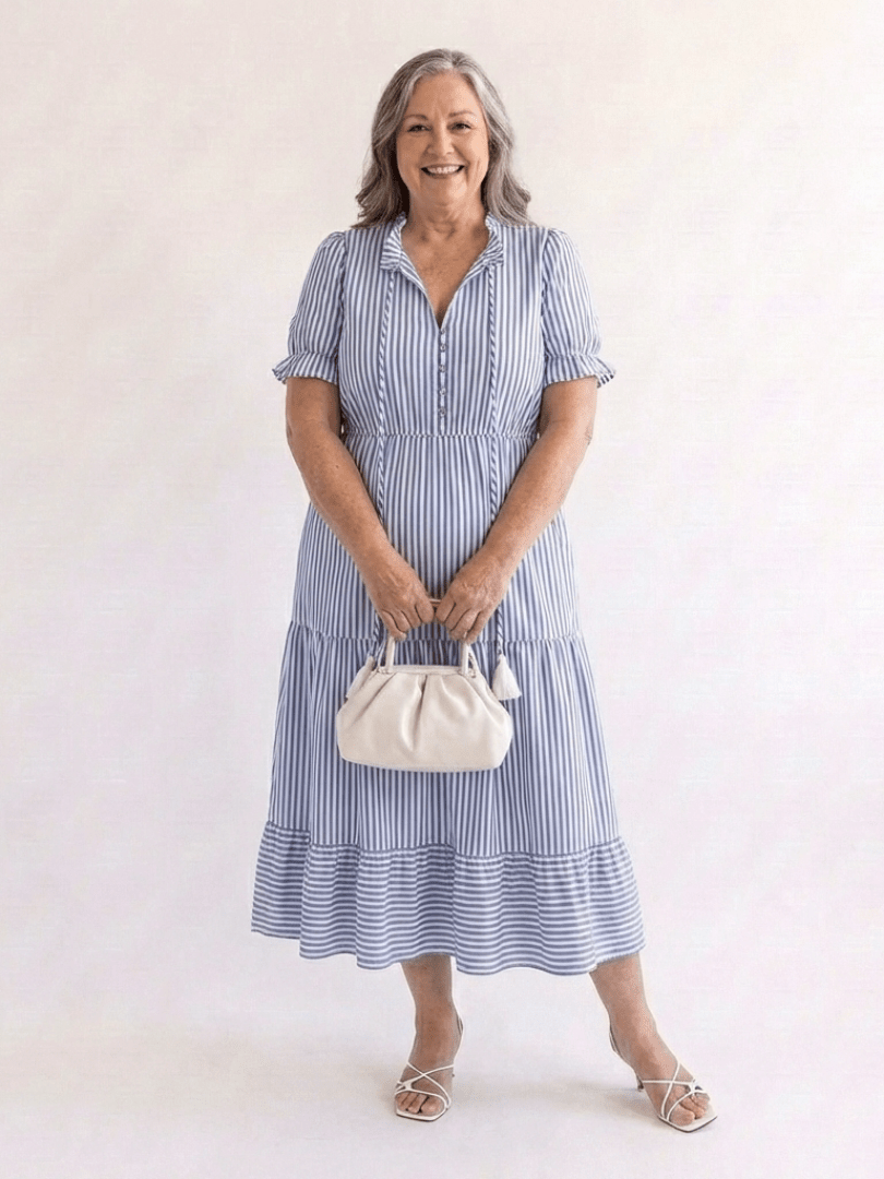 Dakota | Short Sleeve Striped Tiered Midi Dress - Harry & Olivia Birmingham