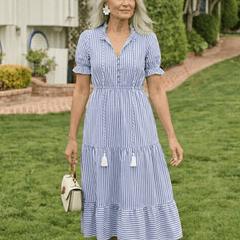 Dakota | Short Sleeve Striped Tiered Midi Dress - Harry & Olivia Birmingham