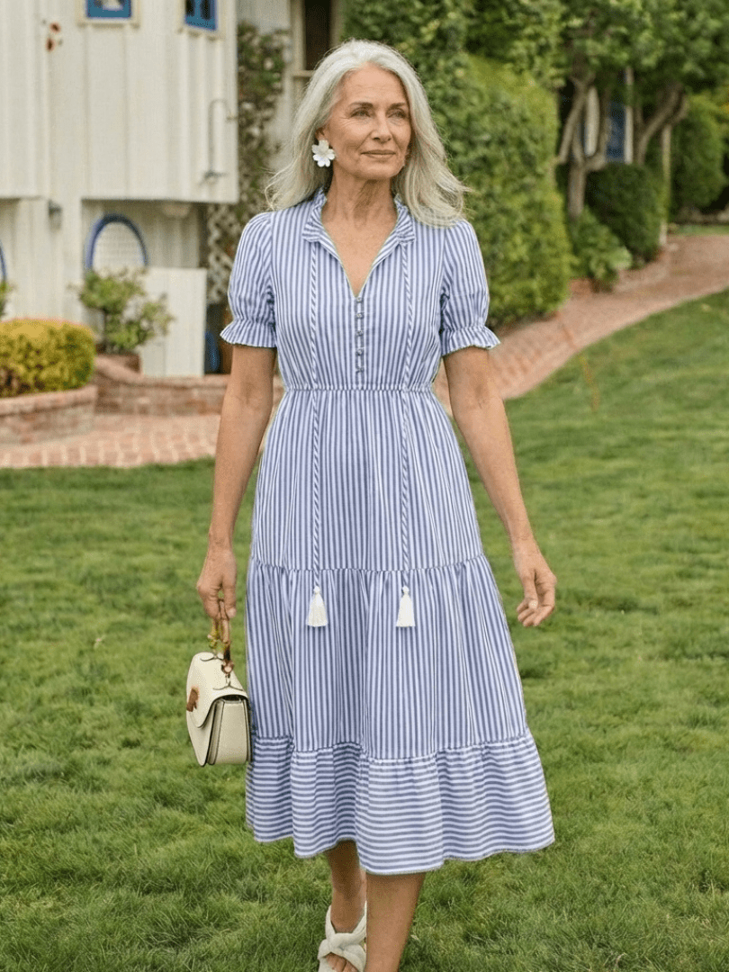 Dakota | Short Sleeve Striped Tiered Midi Dress - Harry & Olivia Birmingham