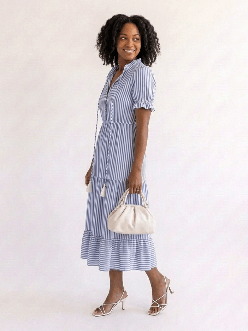 Dakota | Short Sleeve Striped Tiered Midi Dress - Harry & Olivia Birmingham