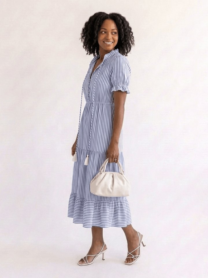 Dakota | Short Sleeve Striped Tiered Midi Dress - Harry & Olivia Birmingham