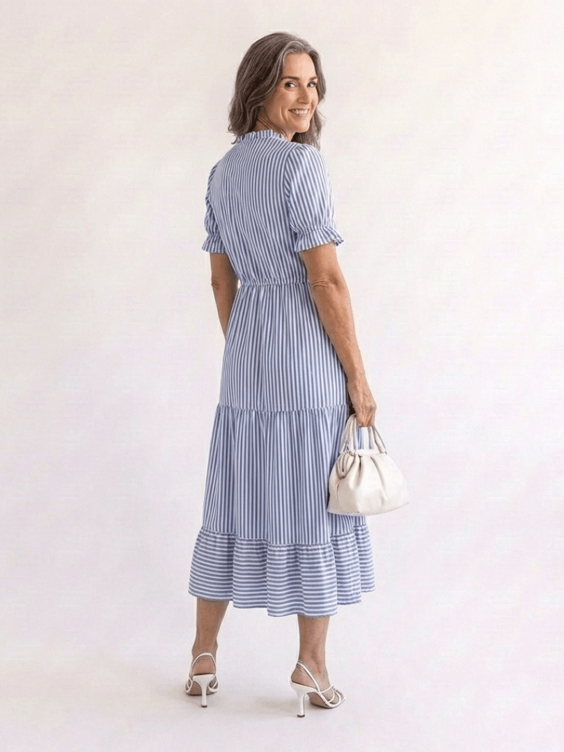 Dakota | Short Sleeve Striped Tiered Midi Dress - Harry & Olivia Birmingham