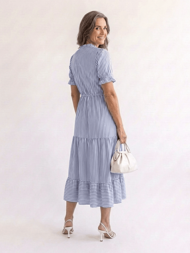 Dakota | Short Sleeve Striped Tiered Midi Dress - Harry & Olivia Birmingham