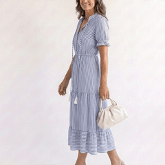 Dakota | Short Sleeve Striped Tiered Midi Dress - Harry & Olivia Birmingham