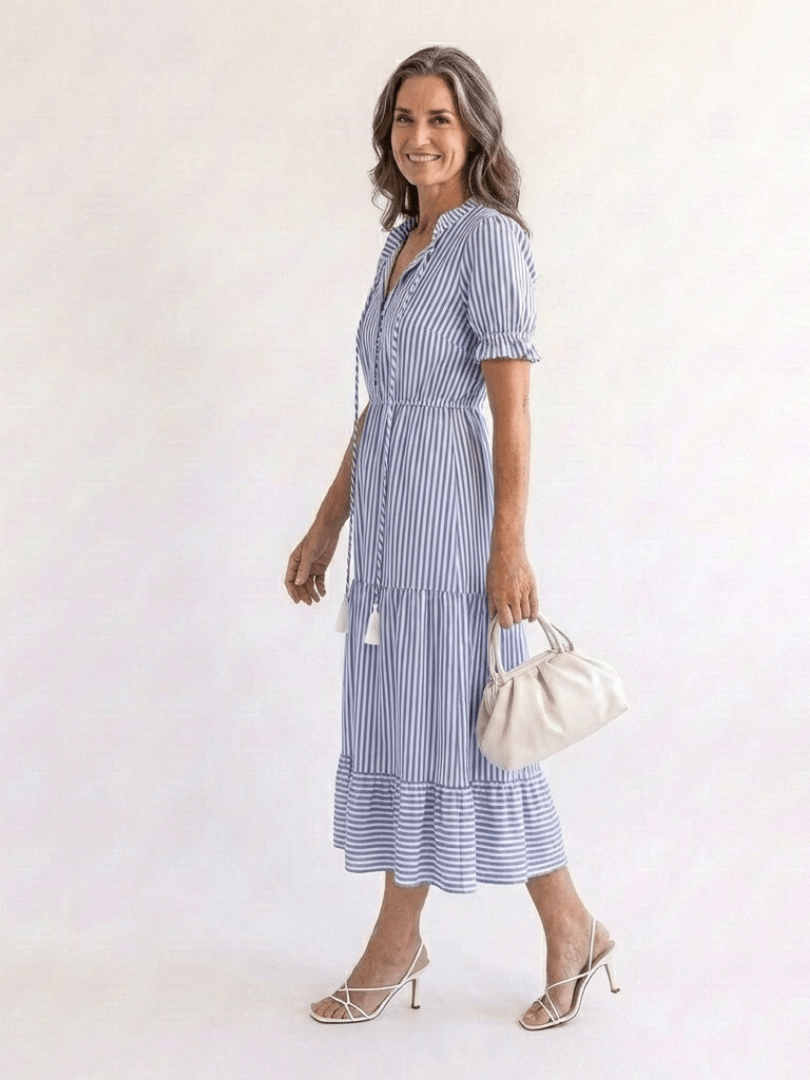 Dakota | Short Sleeve Striped Tiered Midi Dress - Harry & Olivia Birmingham