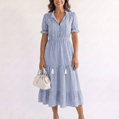 Dakota | Short Sleeve Striped Tiered Midi Dress - Harry & Olivia Birmingham