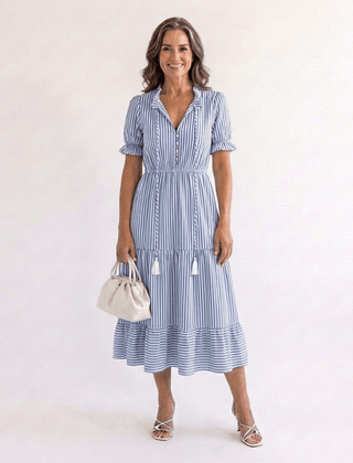 Dakota | Short Sleeve Striped Tiered Midi Dress - Harry & Olivia Birmingham