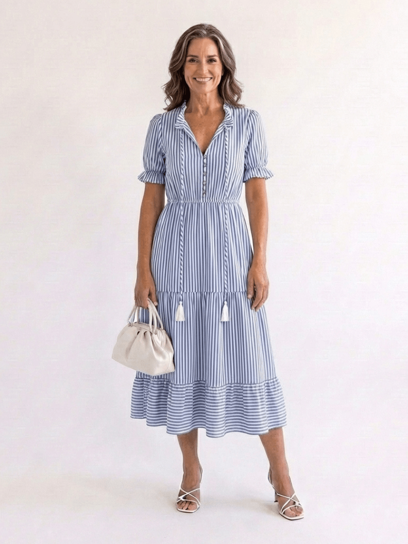 Dakota | Short Sleeve Striped Tiered Midi Dress - Harry & Olivia Birmingham