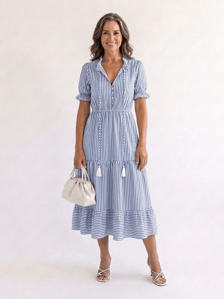Dakota | Short Sleeve Striped Tiered Midi Dress - Harry & Olivia Birmingham