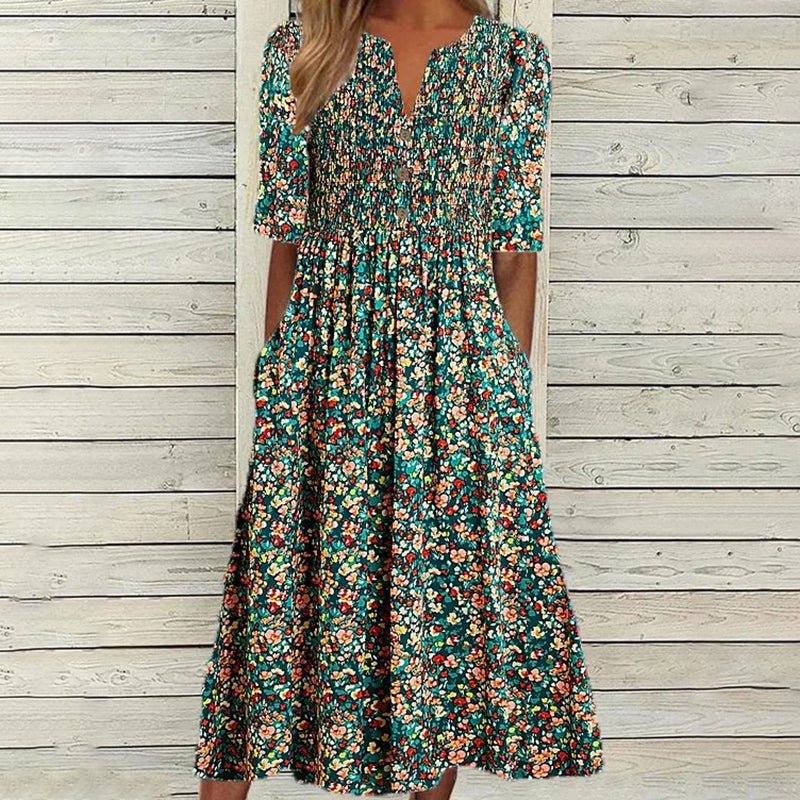 Danica – Smocked Floral Midi Dress with Pockets - Harry & Olivia Birmingham
