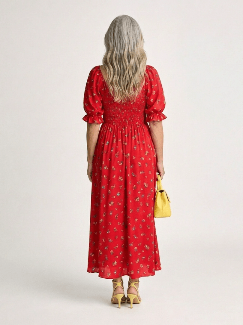 Delphine | Square Neck Floral Puff Sleeve Midi Dress - Harry & Olivia Birmingham