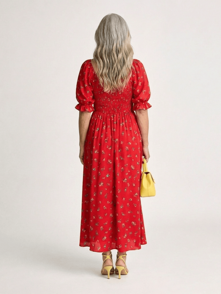 Delphine | Square Neck Floral Puff Sleeve Midi Dress - Harry & Olivia Birmingham