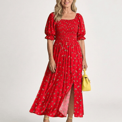 Delphine | Square Neck Floral Puff Sleeve Midi Dress - Harry & Olivia Birmingham