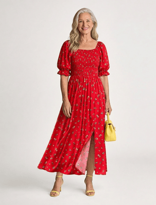 Delphine | Square Neck Floral Puff Sleeve Midi Dress - Harry & Olivia Birmingham
