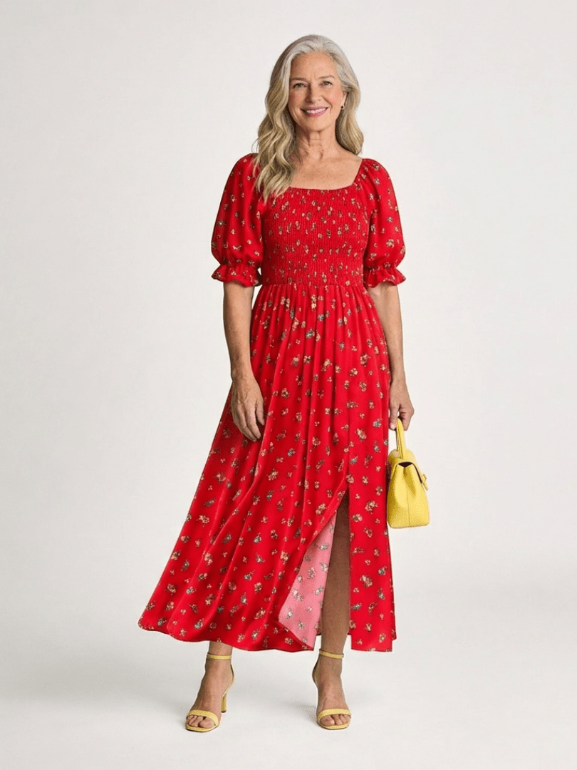 Delphine | Square Neck Floral Puff Sleeve Midi Dress - Harry & Olivia Birmingham