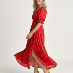 Delphine | Square Neck Floral Puff Sleeve Midi Dress - Harry & Olivia Birmingham