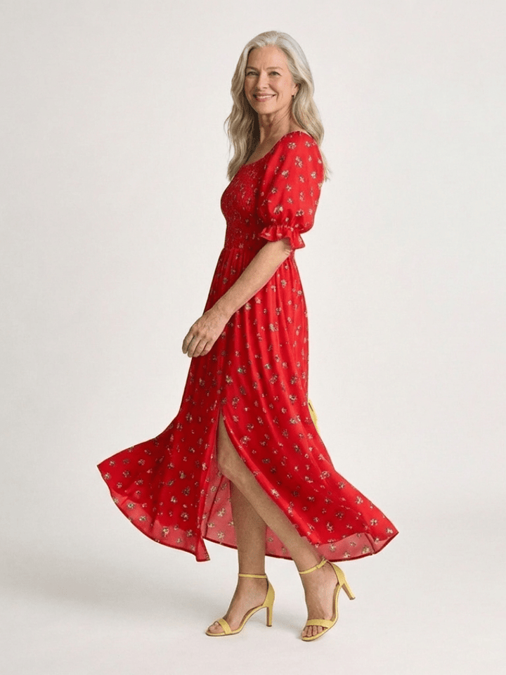 Delphine | Square Neck Floral Puff Sleeve Midi Dress - Harry & Olivia Birmingham