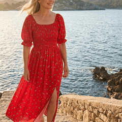 Delphine | Square Neck Floral Puff Sleeve Midi Dress - Harry & Olivia Birmingham