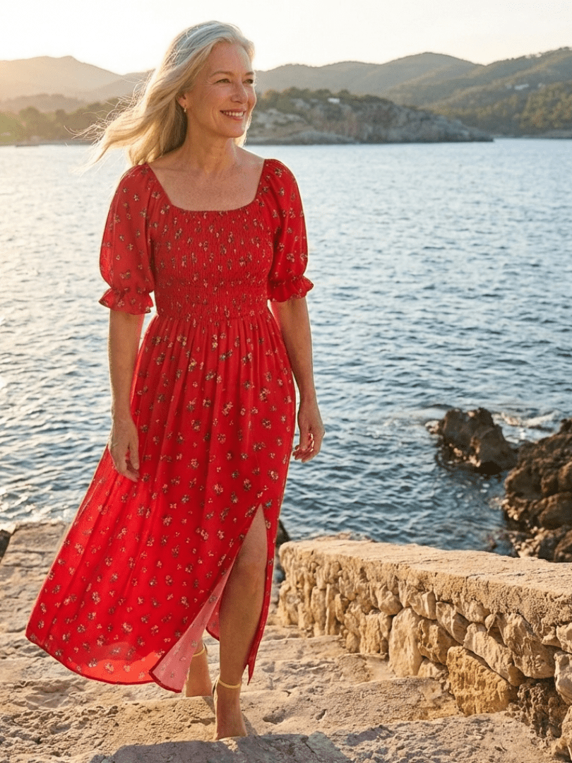 Delphine | Square Neck Floral Puff Sleeve Midi Dress - Harry & Olivia Birmingham