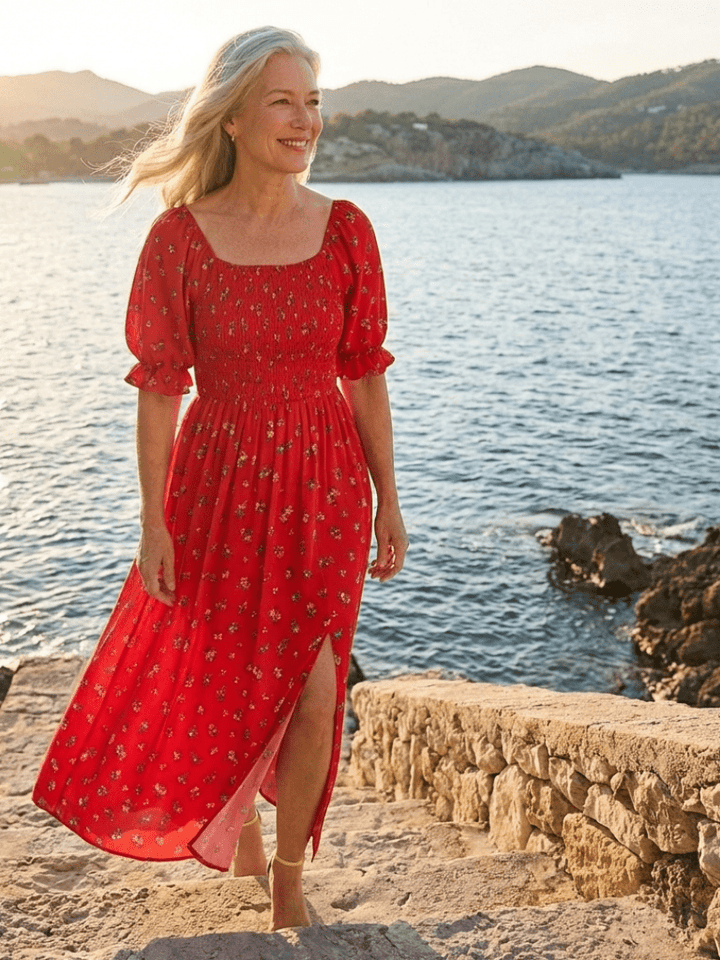 Delphine | Square Neck Floral Puff Sleeve Midi Dress - Harry & Olivia Birmingham