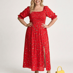 Delphine | Square Neck Floral Puff Sleeve Midi Dress - Harry & Olivia Birmingham