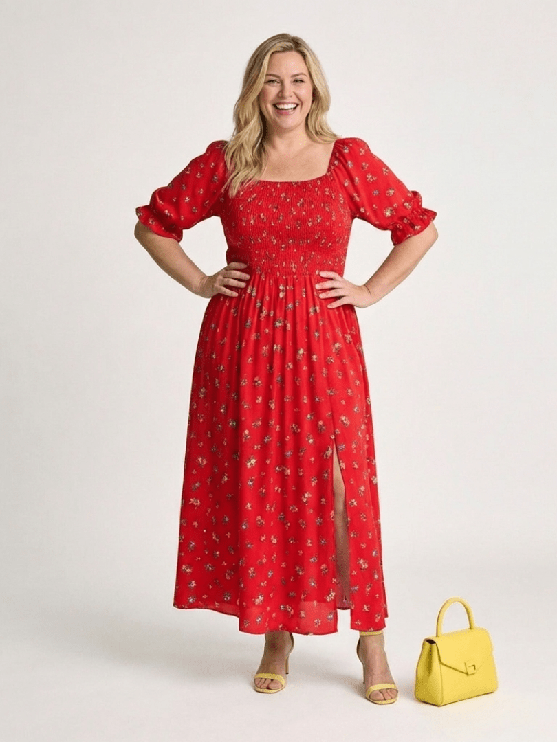 Delphine | Square Neck Floral Puff Sleeve Midi Dress - Harry & Olivia Birmingham