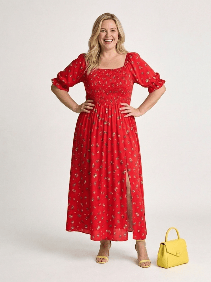 Delphine | Square Neck Floral Puff Sleeve Midi Dress - Harry & Olivia Birmingham