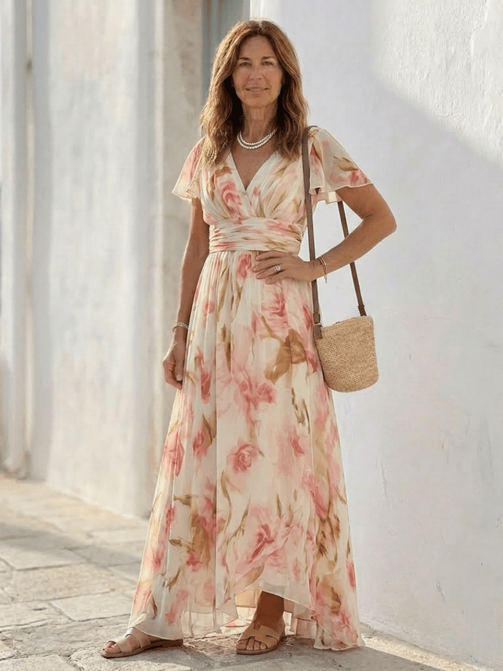 Elara | V Neck Short Sleeve Floral Maxi Dress - Harry & Olivia Birmingham