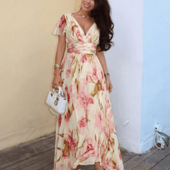 Elara | V Neck Short Sleeve Floral Maxi Dress - Harry & Olivia Birmingham