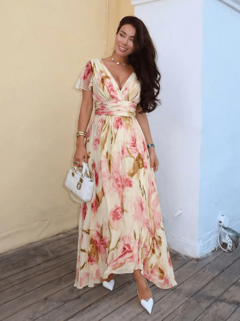 Elara | V Neck Short Sleeve Floral Maxi Dress - Harry & Olivia Birmingham