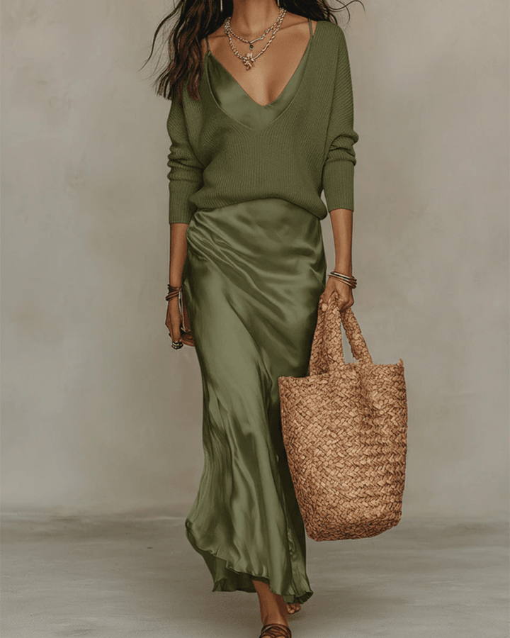 ELENA | Satin Midi Dress with Sweater - Harry & Olivia Birmingham