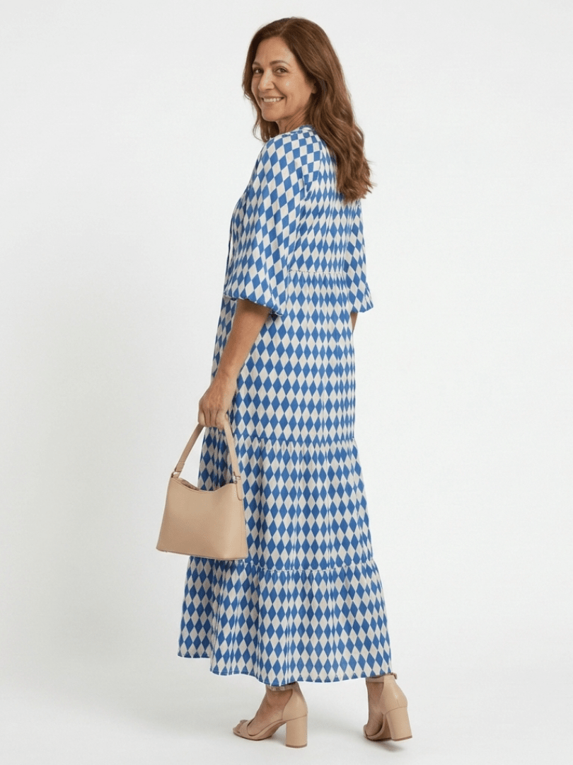 Elodie | Diamond Print Tiered Midi Dress - Harry & Olivia Birmingham