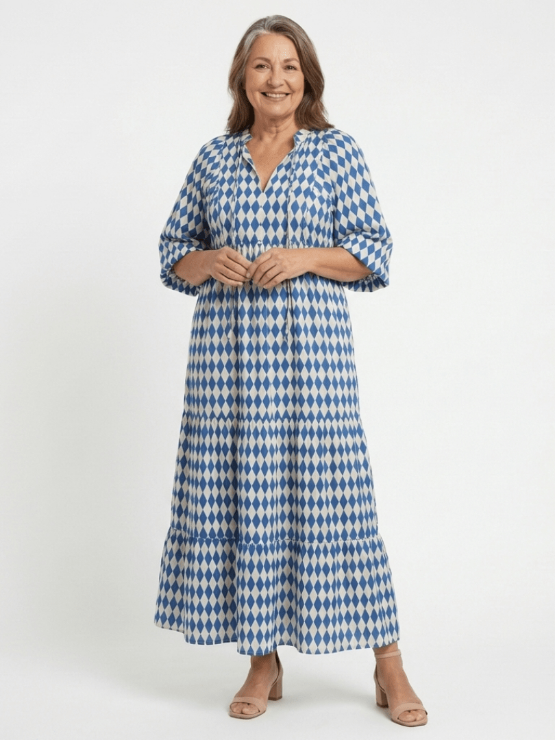 Elodie | Diamond Print Tiered Midi Dress - Harry & Olivia Birmingham