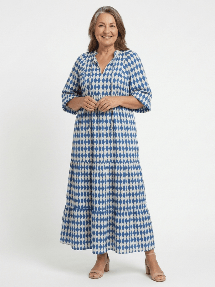 Elodie | Diamond Print Tiered Midi Dress - Harry & Olivia Birmingham
