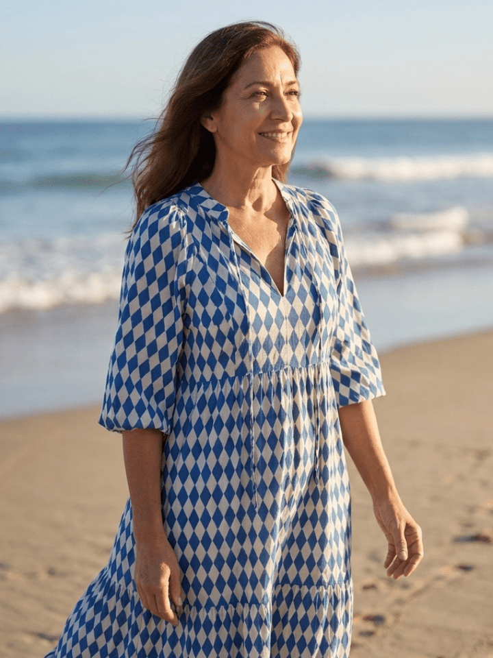 Elodie | Diamond Print Tiered Midi Dress - Harry & Olivia Birmingham