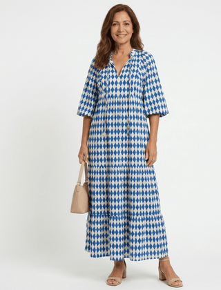 Elodie | Diamond Print Tiered Midi Dress - Harry & Olivia Birmingham