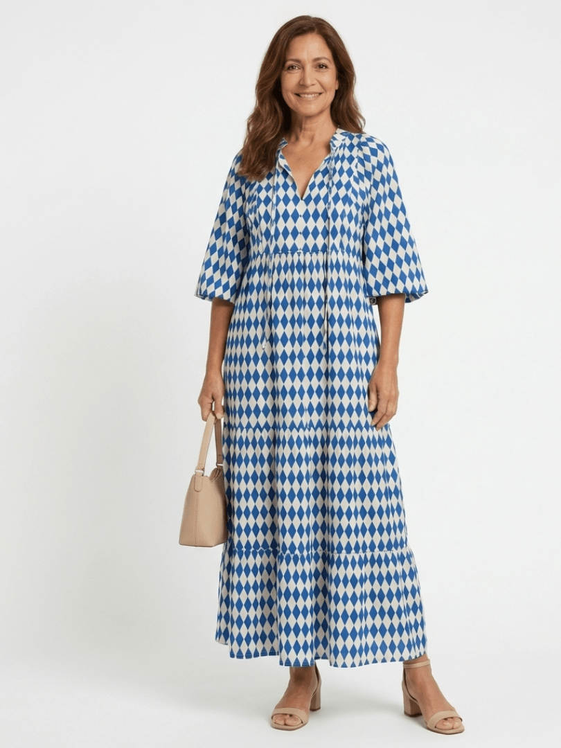 Elodie | Diamond Print Tiered Midi Dress - Harry & Olivia Birmingham