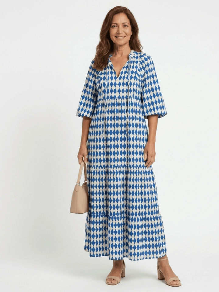 Elodie | Diamond Print Tiered Midi Dress - Harry & Olivia Birmingham