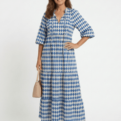 Elodie | Diamond Print Tiered Midi Dress - Harry & Olivia Birmingham