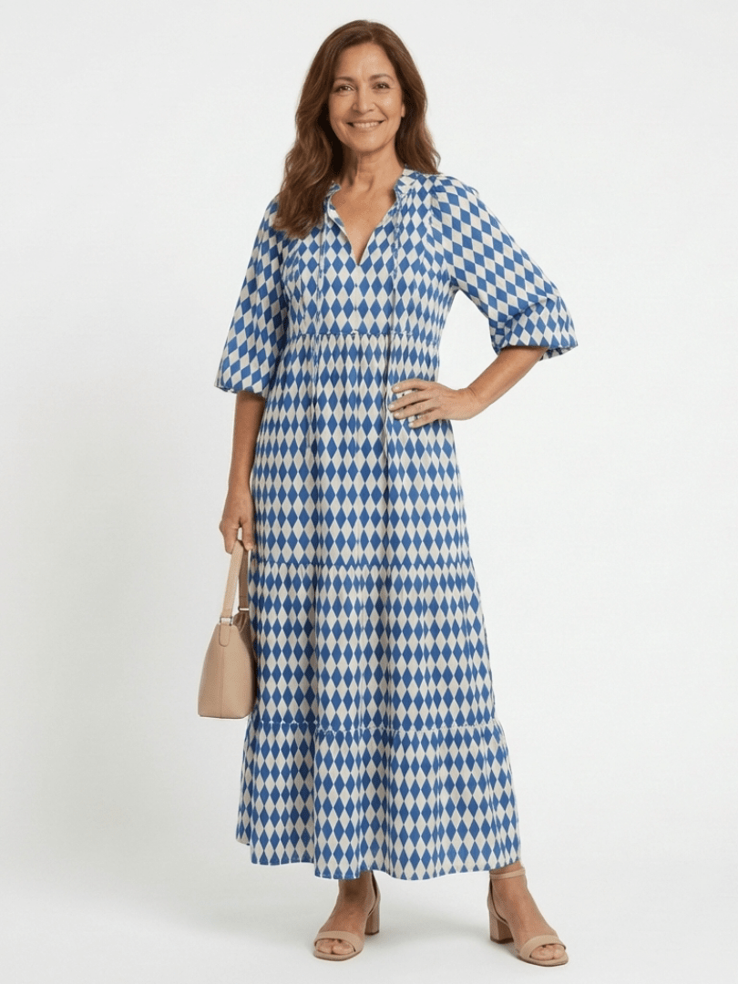 Elodie | Diamond Print Tiered Midi Dress - Harry & Olivia Birmingham