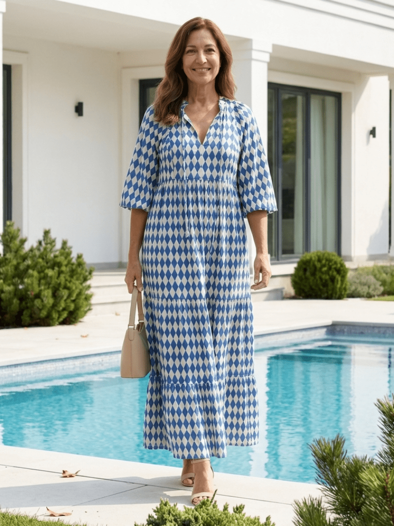 Elodie | Diamond Print Tiered Midi Dress - Harry & Olivia Birmingham
