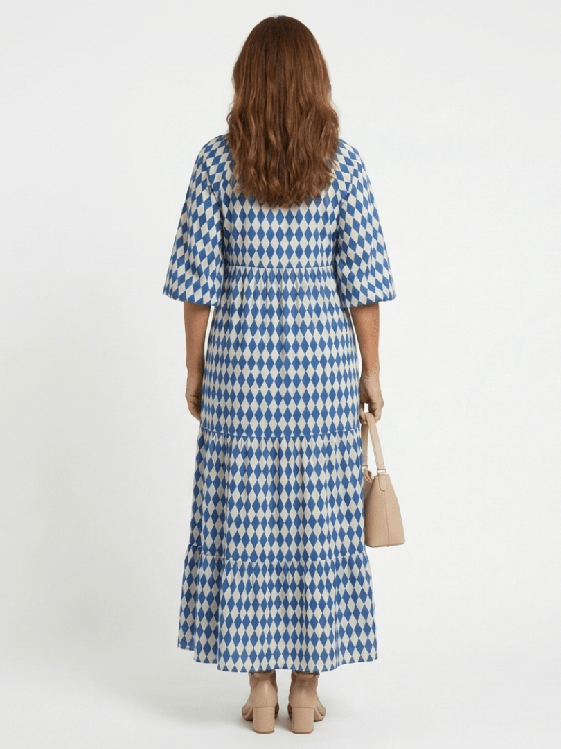 Elodie | Diamond Print Tiered Midi Dress - Harry & Olivia Birmingham