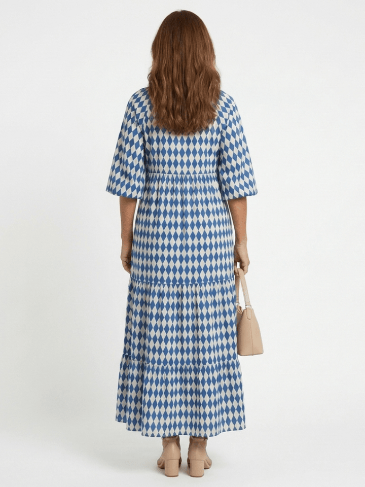 Elodie | Diamond Print Tiered Midi Dress - Harry & Olivia Birmingham