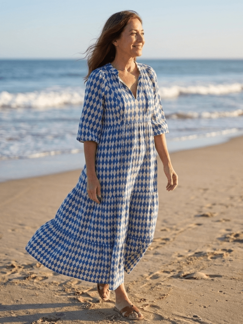Elodie | Diamond Print Tiered Midi Dress - Harry & Olivia Birmingham
