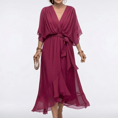 Elysia | V Neck Draped Waist Tie Midi Dress - Harry & Olivia Birmingham