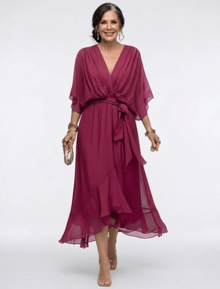 Elysia | V Neck Draped Waist Tie Midi Dress - Harry & Olivia Birmingham